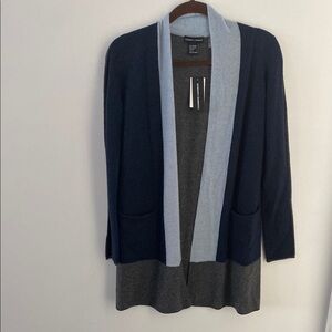 Women's Cashmere Navy and Gray Open Cardigan Sweater